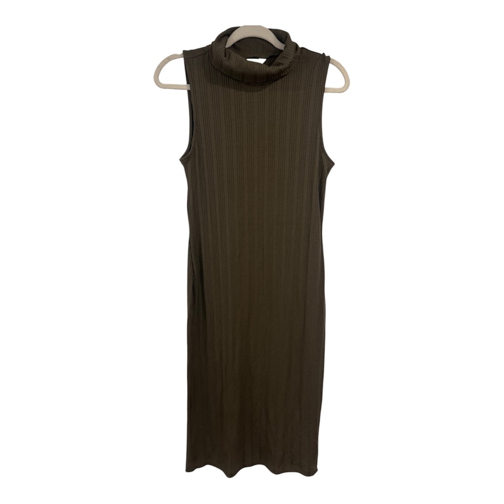 Nine West Womens Olive Green Ribbed Sleeveless Turtleneck Midi Sheath Dress L